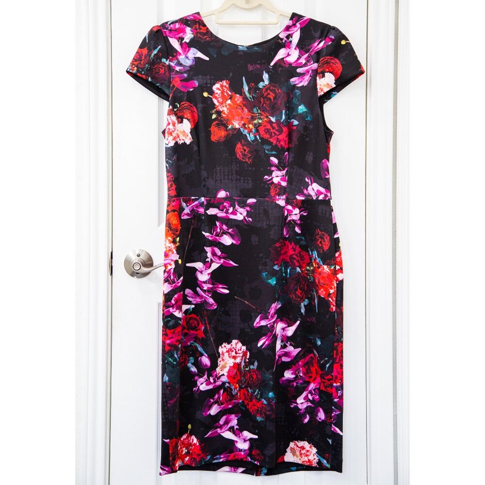 Betsey Johnson Black Floral Print Scuba Sheath Midi Dress, size 12